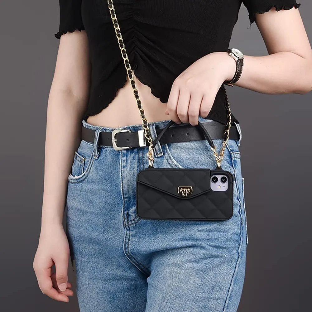 Yatchen Wallet Case for iPhone 13 Pro,Crossbody Phone Case with Lanyard Strap Cute Flip Credit Card Holder Soft Silicone Girls Lady Handbag Case for iPhone 13 Pro Black