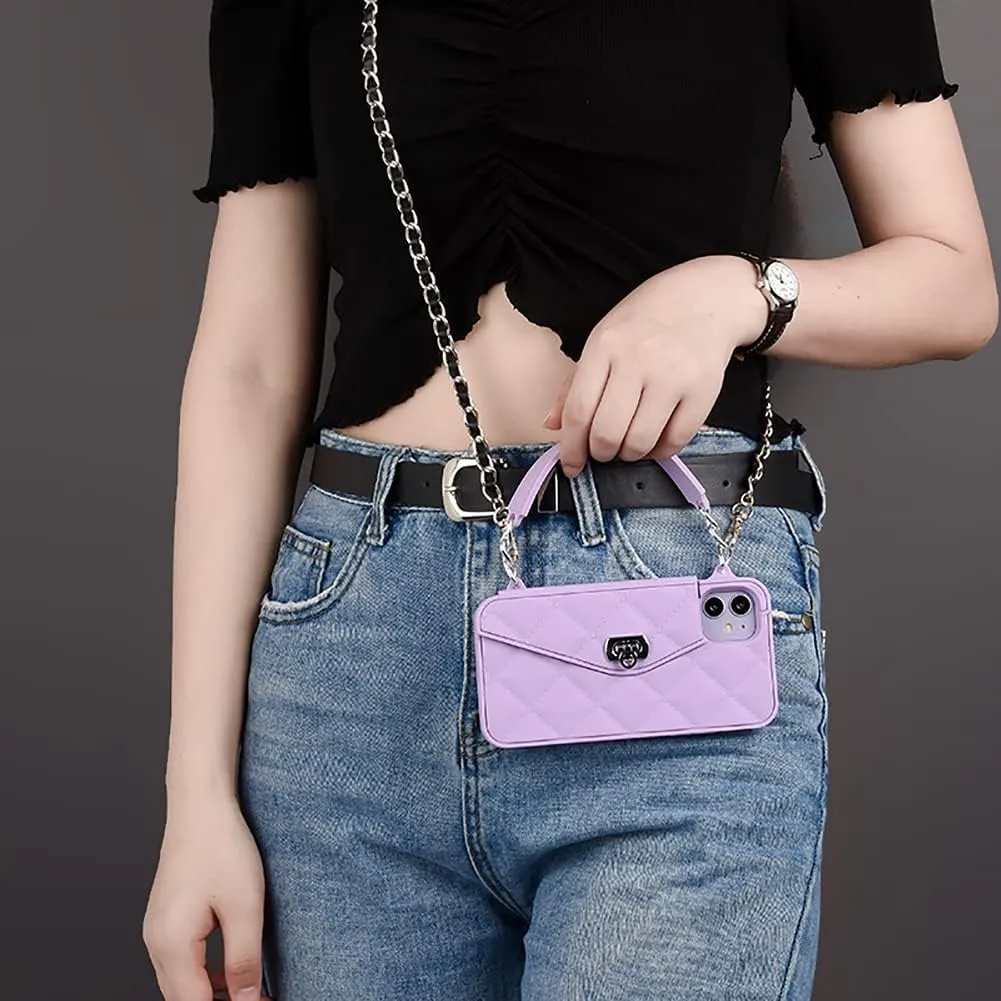 Yatchen Wallet Case for iPhone 14 Pro,Crossbody Phone Case with Lanyard Strap Cute Flip Credit Card Holder Soft Silicone Girls Lady Handbag Case for iPhone 14 Pro Purple