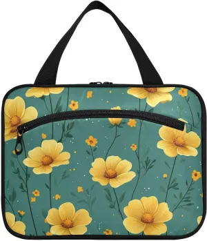 Yellow Flowers Green Background Cute Style hanging travel tote bags for women with hook, designer fashion shave kit for travel must backpacking bolsas para maquillaje L