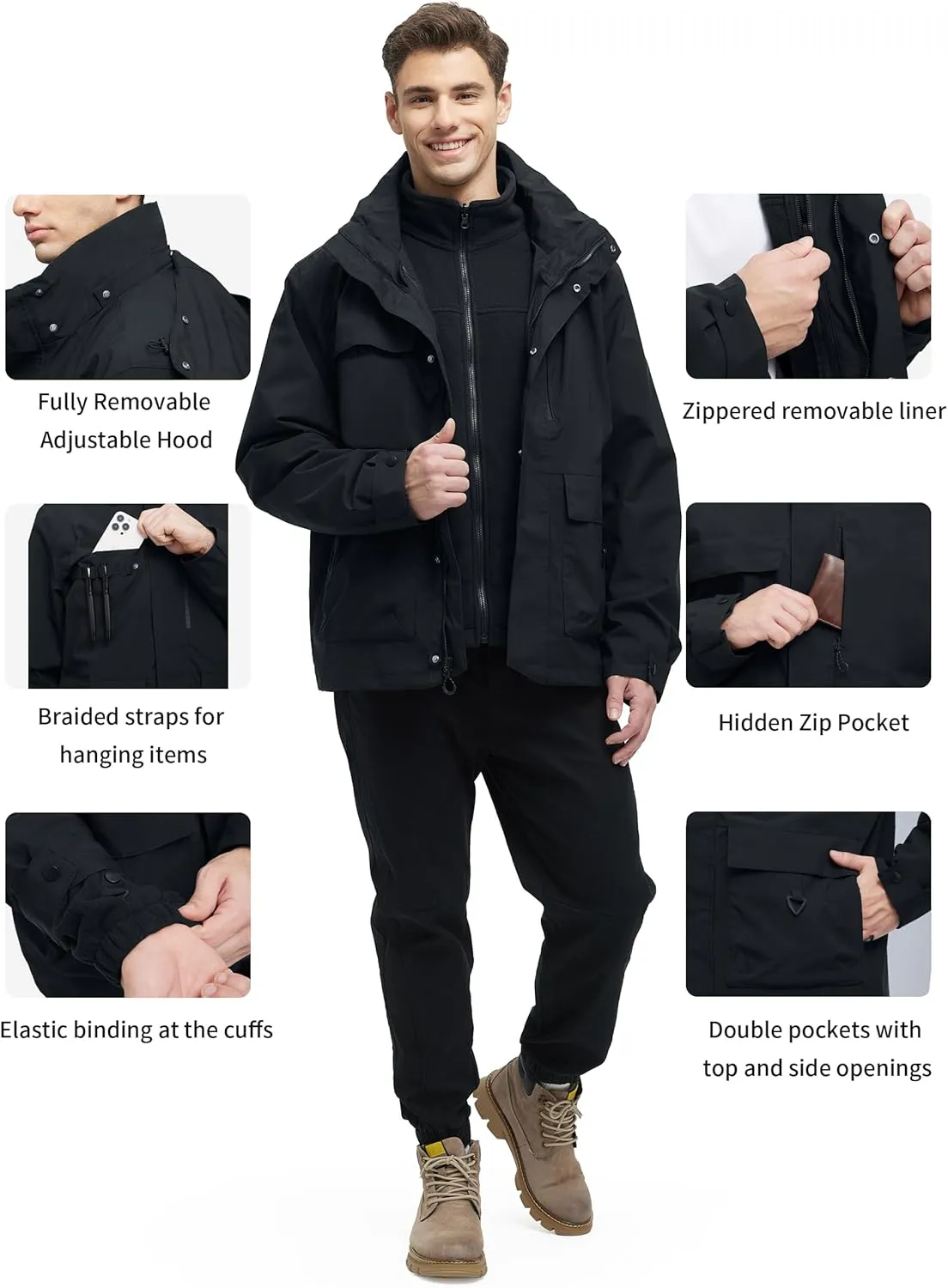 YGREYG Men's 3 in 1 Waterproof Winter Jackets Ski Warm Snow Rain Coat Puffer Liner Hood Windbreaker