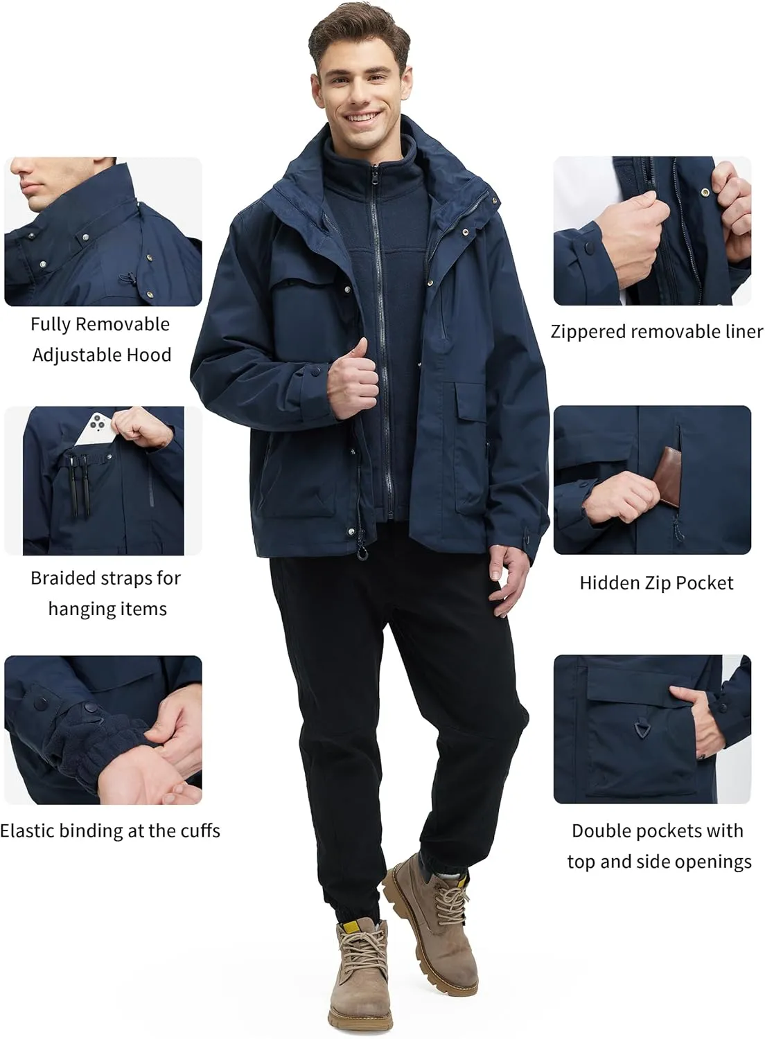 YGREYG Men's 3 in 1 Waterproof Winter Jackets Ski Warm Snow Rain Coat Puffer Liner Hood Windbreaker