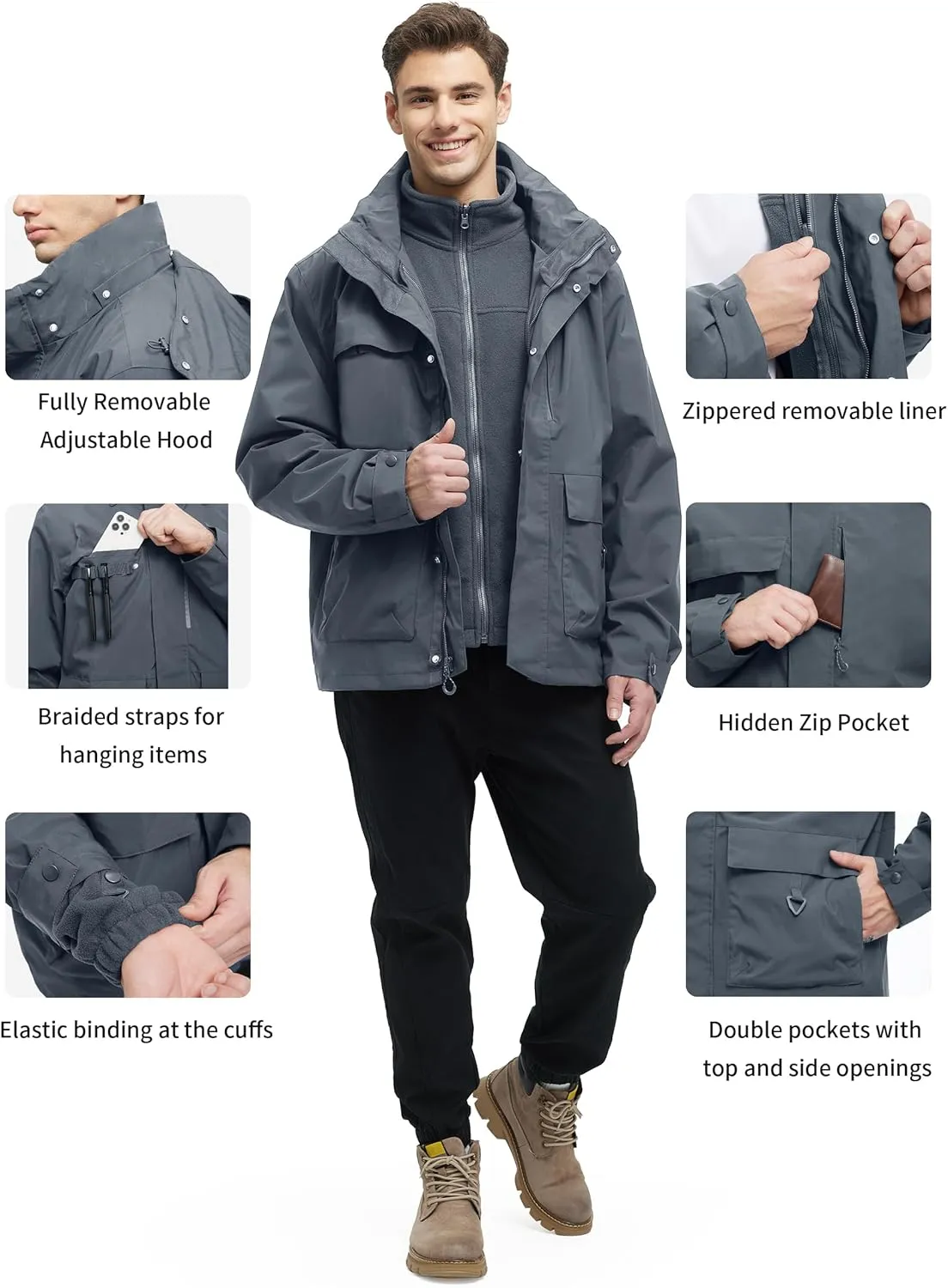 YGREYG Men's 3 in 1 Waterproof Winter Jackets Ski Warm Snow Rain Coat Puffer Liner Hood Windbreaker