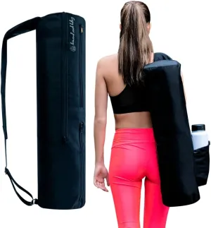 Yoga mat bag. Fits large mats. Adjustable shoulder strap, multi-functional zippered pockets, and large drawstring water bottle holder.Lightweight. Convenient adjustable shoulder strap.