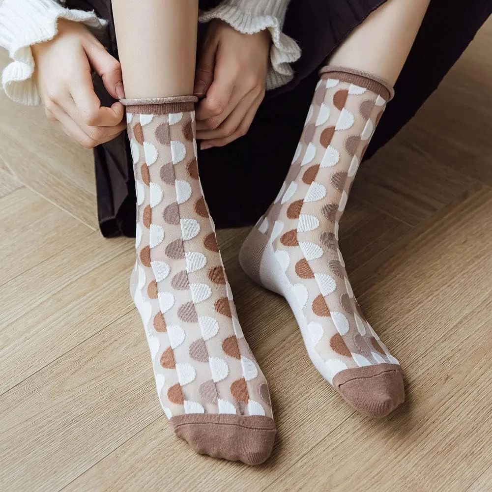 Yomutiur Womens Sheer Socks, Summer Transparent Thin Mesh Lace Elastic Jacquard Crystal Glass Silk Sheer Socks