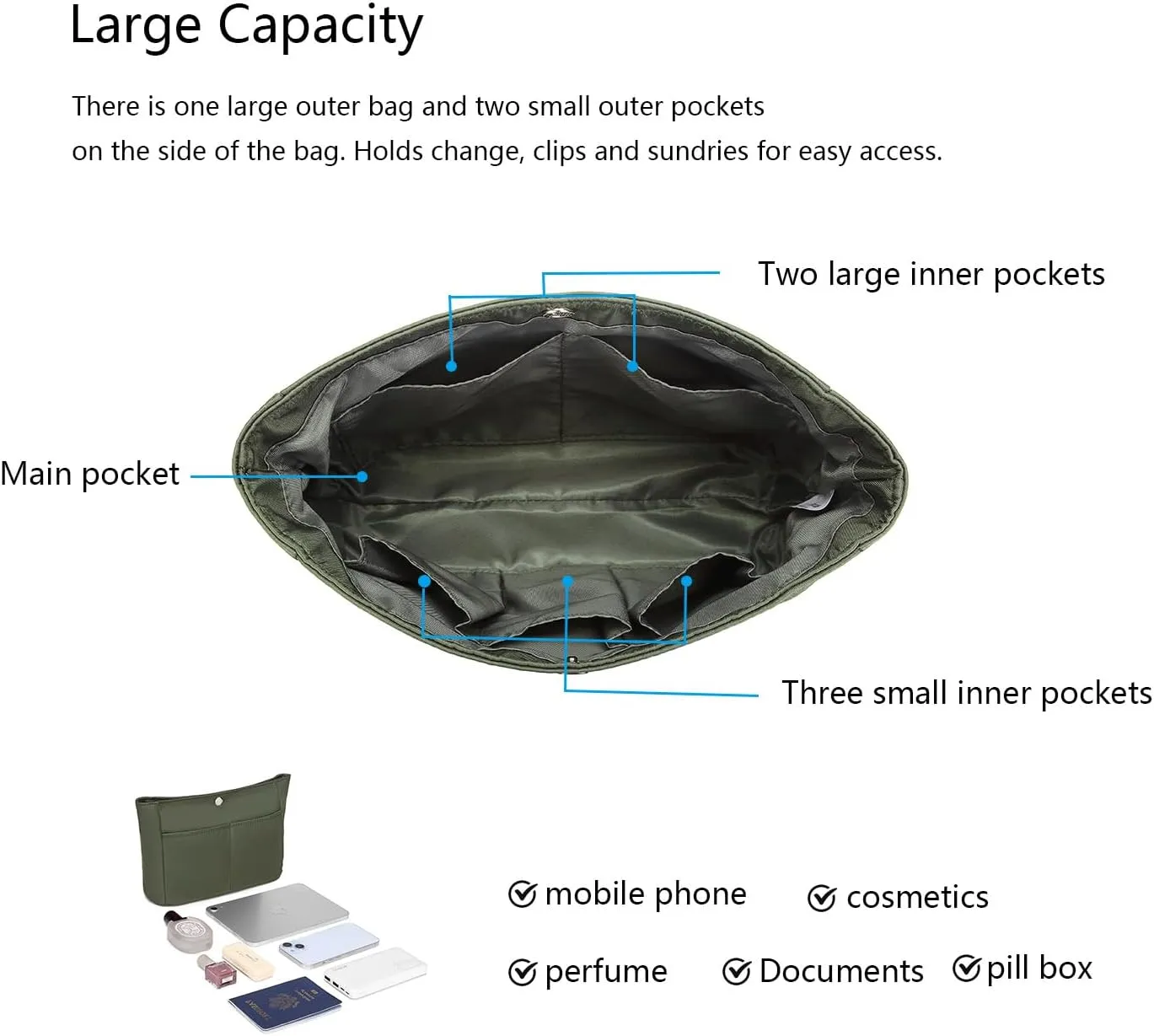 YONEBN waterproof Storage Bag Lightweight Large Capacity nylon Bag Inner Bag Handbag Organizer
