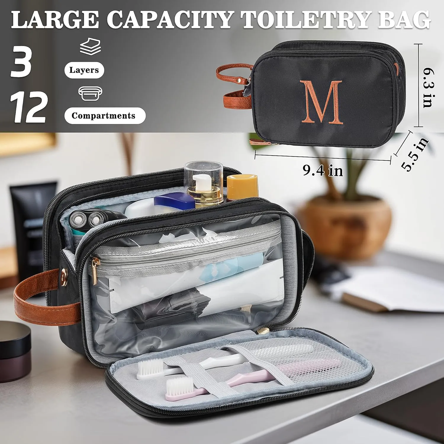 YOOLIFE Toiletry Bag - Personalized Gifts for Women Mom Her Initial Travel Toiletry Bag Water Resistant Travel Essentials for Women, Portable Organizer for Accessories, Birthday Gifts Letter J Black