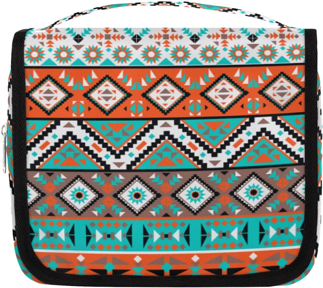 Yzrwebo Bohemian Print Hanging Toiletry Bag for Women Man, Aztec Textures Portable Travel Makeup Bag Water Resistant Travel Bag Bathroom Organizer Toiletries Bag for Cosmetics Essentials Accessories