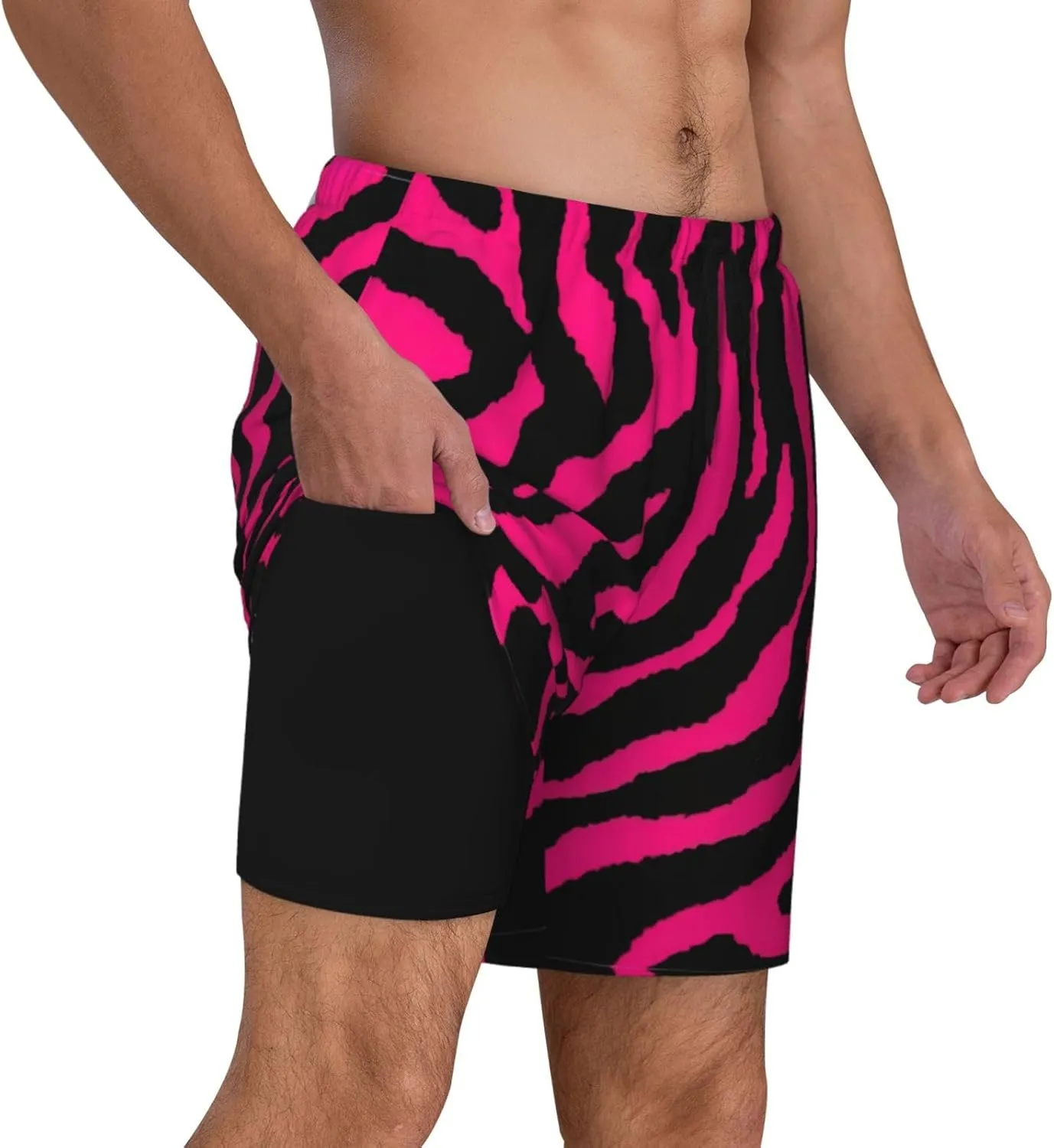 Zebra Tiger Leopard Pink Print Men's Double Layer Swim Shorts, Gym Workout Shorts with Pocket
