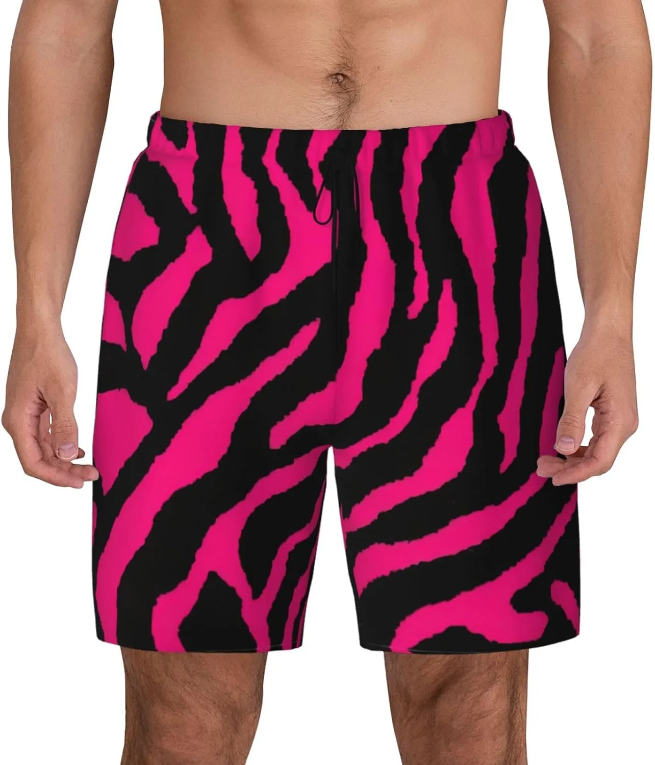 Zebra Tiger Leopard Pink Print Men's Double Layer Swim Shorts, Gym Workout Shorts with Pocket