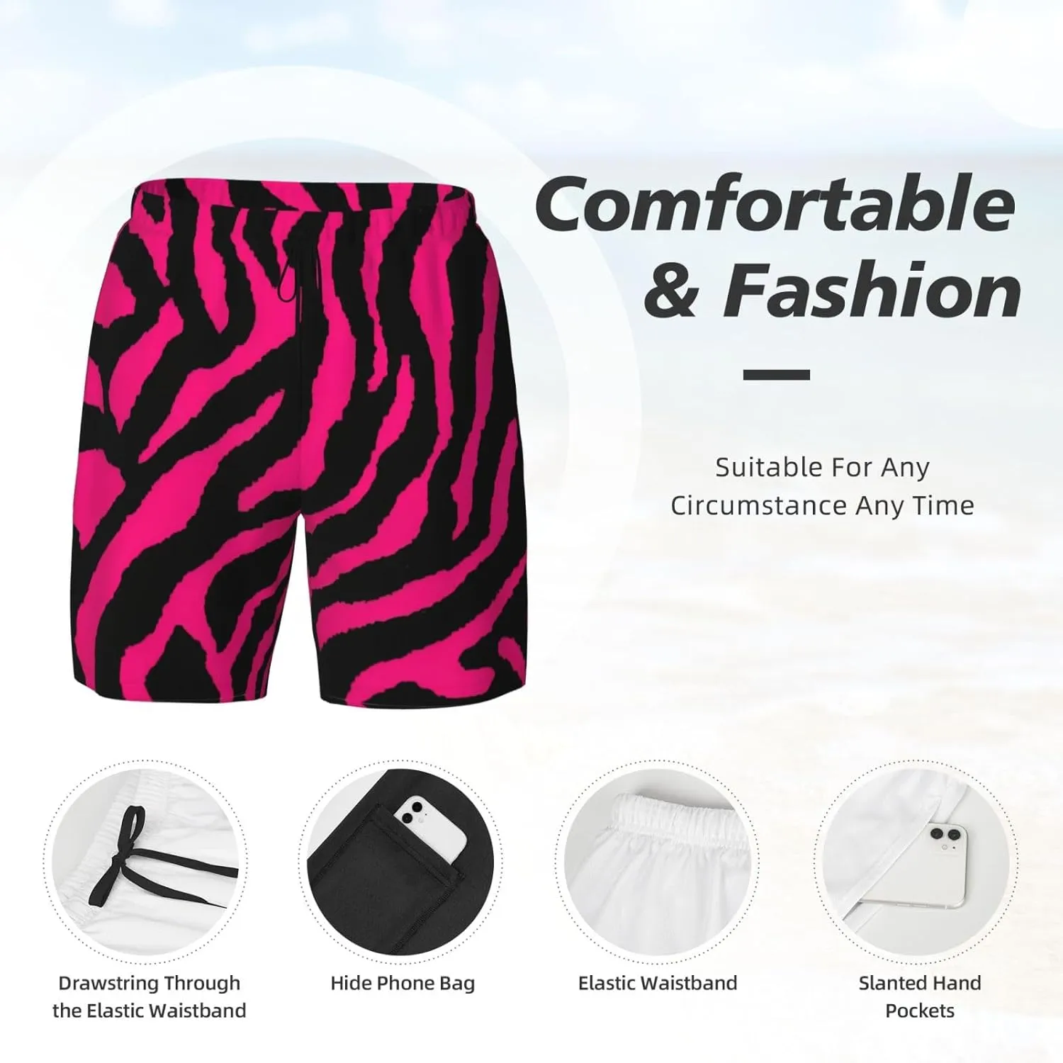 Zebra Tiger Leopard Pink Print Men's Double Layer Swim Shorts, Gym Workout Shorts with Pocket