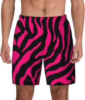 Zebra Tiger Leopard Pink Print Men's Double Layer Swim Shorts, Gym Workout Shorts with Pocket