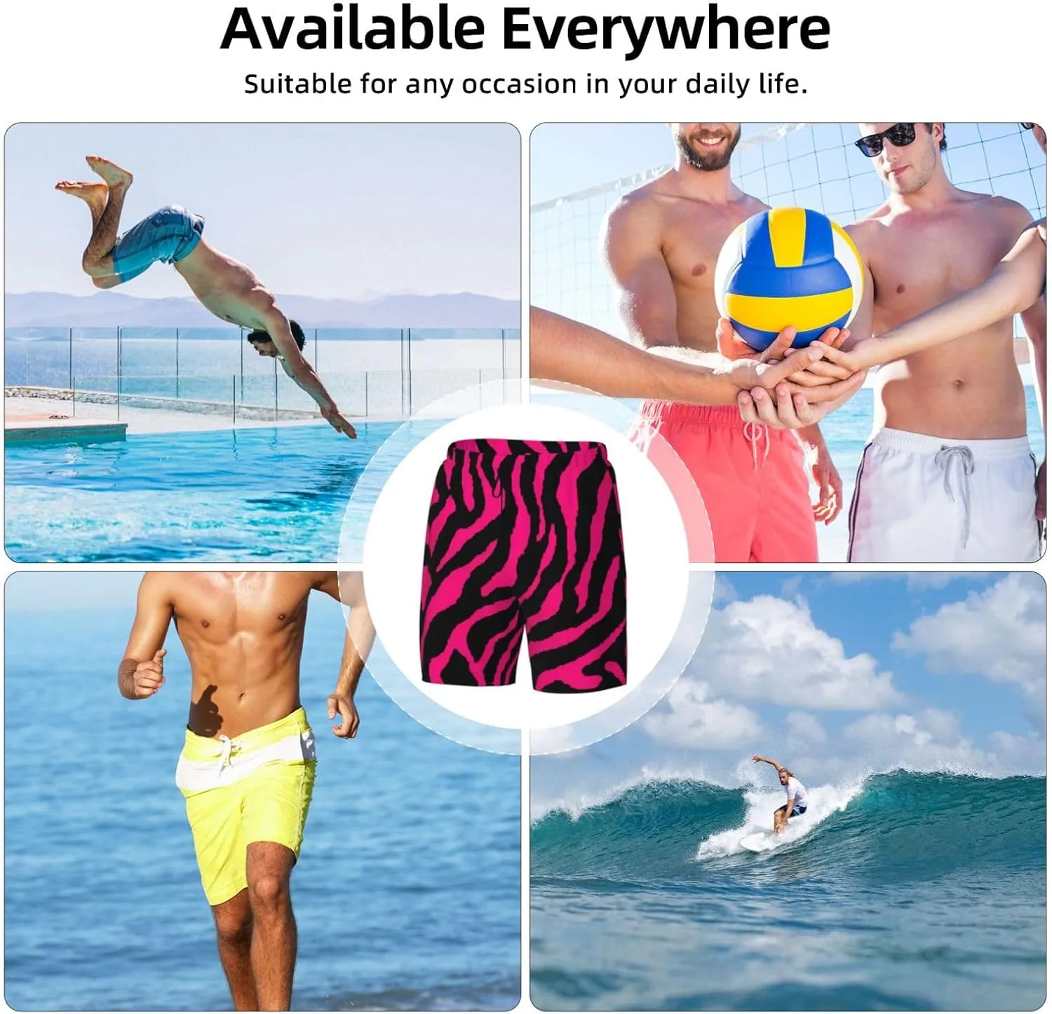Zebra Tiger Leopard Pink Print Men's Double Layer Swim Shorts, Gym Workout Shorts with Pocket