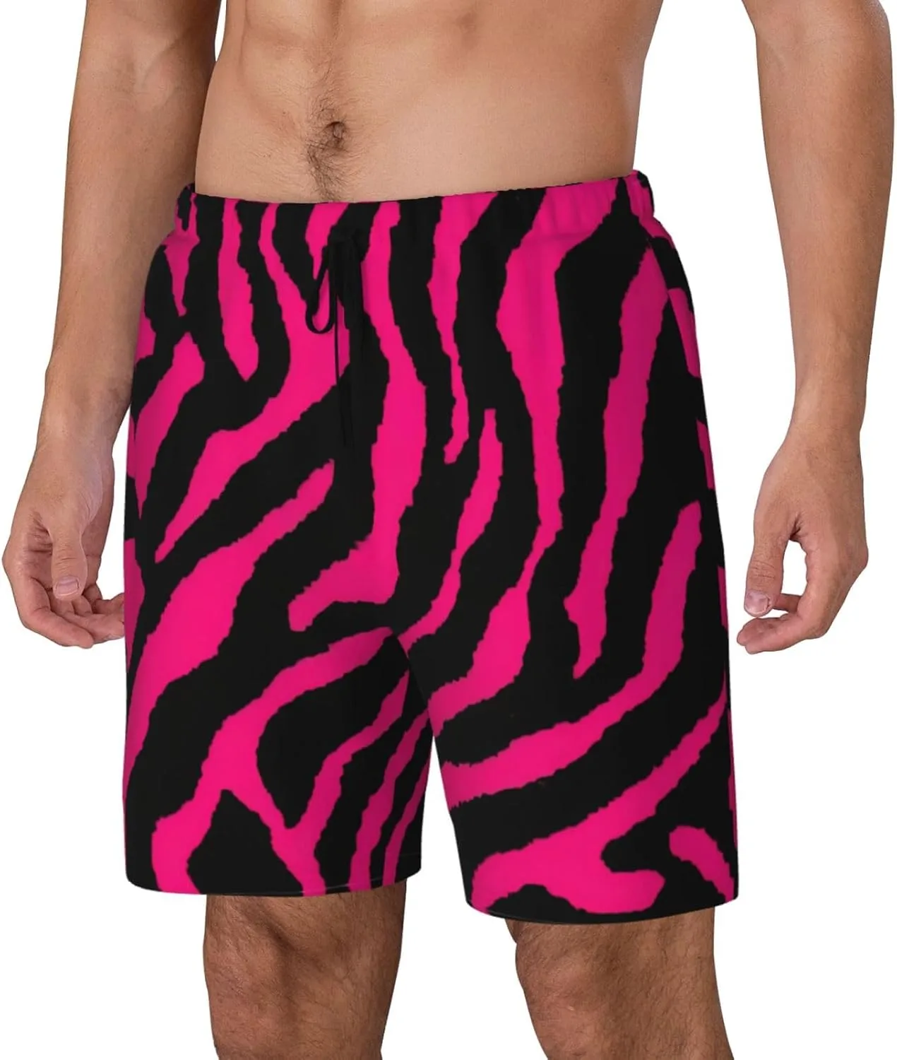 Zebra Tiger Leopard Pink Print Men's Double Layer Swim Shorts, Gym Workout Shorts with Pocket