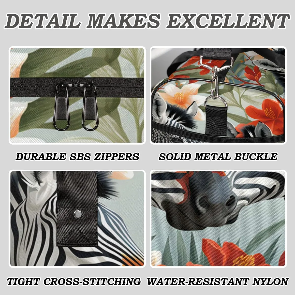 Zebra Travel Duffle Bag for Women Men Foldable Waterproof Weekender Bag Carry on Tote for Overnight Sports Gym Tropical Animal Zebra