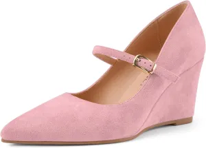 Z.Oufeier Womens Pointy Toe Suede Buckle Ankle Strap Mary Jane Wedge High Heels Wedding Party Dress Business Pumps Shoes 3.4 Inches
