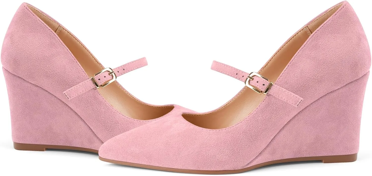 Z.Oufeier Womens Pointy Toe Suede Buckle Ankle Strap Mary Jane Wedge High Heels Wedding Party Dress Business Pumps Shoes 3.4 Inches