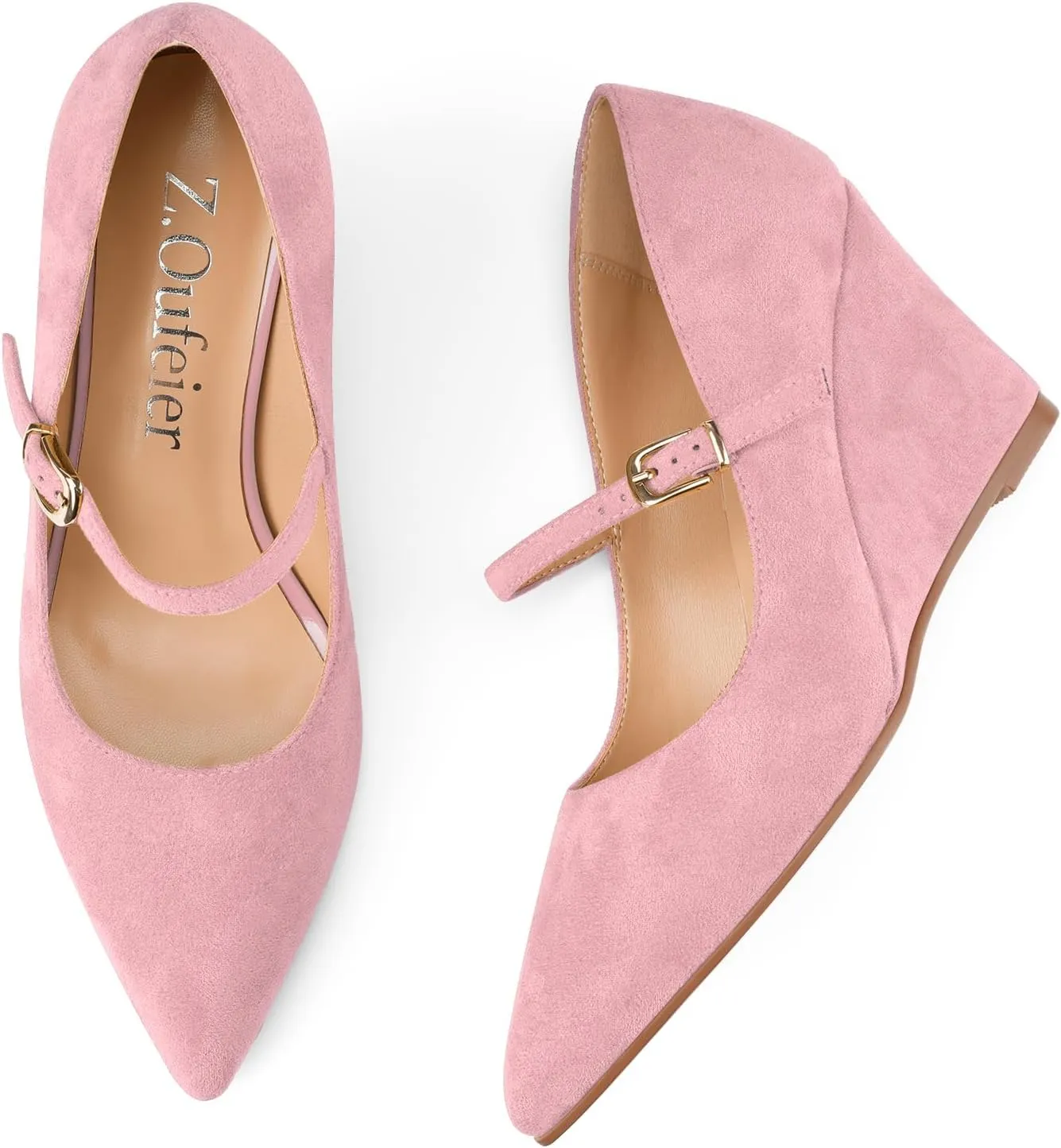 Z.Oufeier Womens Pointy Toe Suede Buckle Ankle Strap Mary Jane Wedge High Heels Wedding Party Dress Business Pumps Shoes 3.4 Inches